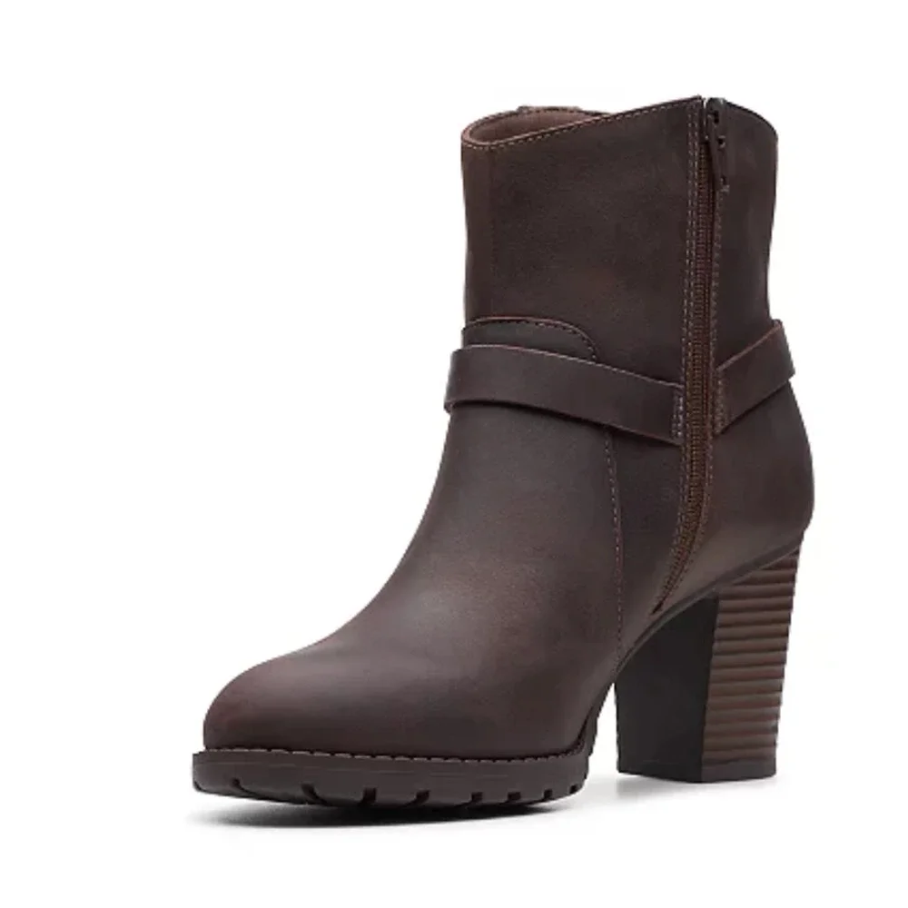 Clarks Verona Rock Ankle Leather Boots 11 NWT Brown Heeled Western Buckle